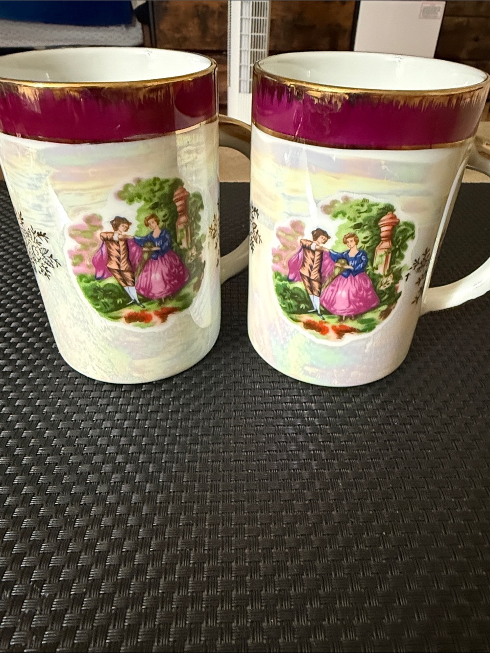 Vintage Style White and Pink Porcelain Mugs with Gold Trim